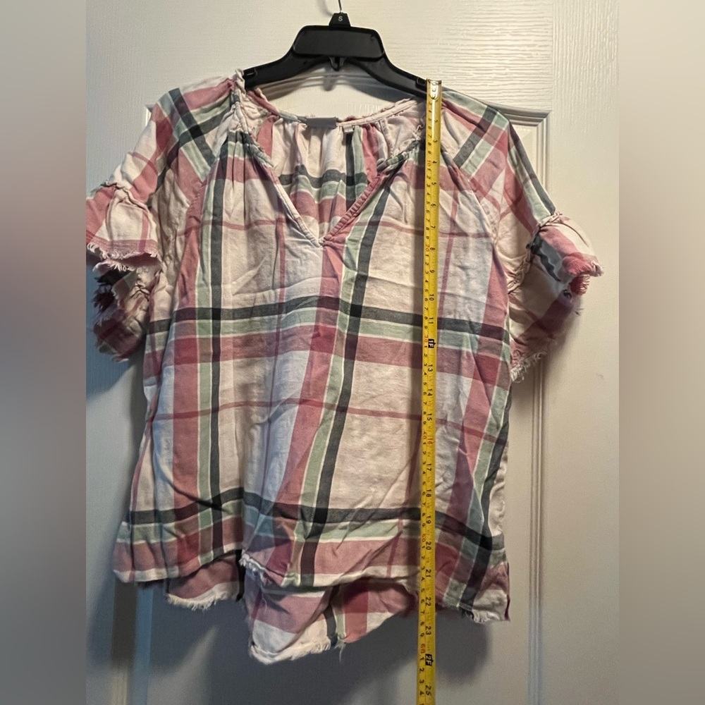 True Craft Pink and Green Plaid Blouse with distressed edging. - Picture 4 of 7